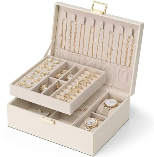 Vlando Schmuckkästchen für Damen Mädchen, 2 Ebenen Schmuckaufbewahrung Leder, Schmuckkasten mit 2 Uhrenkissen, Schmuck Organizer, Schmuckschatulle, Geschenkidee, für Uhren, Ringe Ohrringe Halsketten