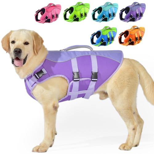 PETDSH Dog Life Jacket Large, High Flotation Dog Life Vest for Swimming Boating, Reflective Puppy Lifejacket with Superior Buoyancy and Rescue Handle, Adjustable Safety Dogs Floating Vests