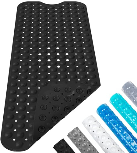 Tapis de Baignoire Anti-dérapant,40×100cm Tapis de Douche de Bain avec Ventouses et Trous de Drainage PVC Anti Moisissure Lavable en Machine (Noir)