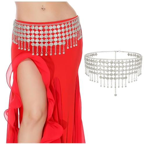 WERFORU Damen Retro Münze Körper Kette und Fransen Bauchtanz Gürtel Metall Taille für Dance Party
