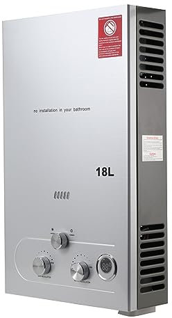 Lfhelper 18L 36KW Gasdurchlauferhitzer, LPG Warmwasserbereiter, 4.8 GPM Propangas Tankloser Kesselbrenner Sofort-Heißwasserbereiter mit Duschkopf-Kit für Kleine Häuser, Kabinen, Campingdusche silber