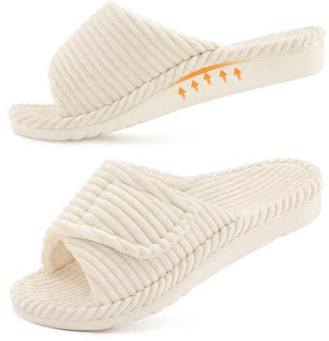 Litfun Orthopedic Slippers for Women Arch Support Indoor House Slippers Adjustable Open Toe Corduroy Bedroom Shoes with Memory Foam for Plantar Fasciitis, Beige 37