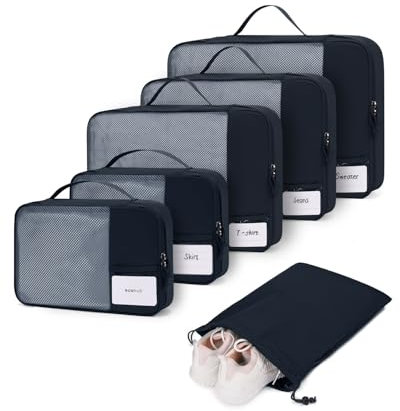 ECOHUB Koffer Organizer Set, 6-teilige Packing Cubes mit ID-Tag, Recycelte Packwürfel für Reisen, Leichte Packtaschen für Koffer, Atmungsaktiver Travel Rucksack Organizer, Patent anhängig (Marineblau)