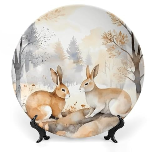 QWJKM Bone China Decorative Plates with Display Rabbit in The Woods Salad Plates Porcelain Dessert Plates Serving Dishes Art Decor Ornament for Living Room Table Kitchen 10.1 Inch