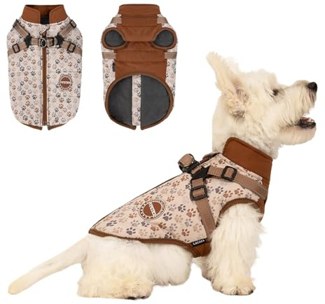BT Bear Hunde-Wintermantel mit Geschirr für kleine Hunde und mittelgroße Hunde, Winterjacke, Outdoor, wasserdicht, verstellbare Weste, warme Kleidung, Braun, Größe XL