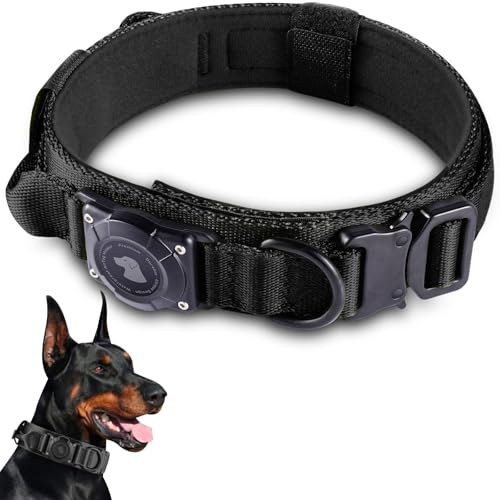 JIARUI Taktisches Hundehalsband mit Griff, Wasserdichter Airtag Hundehalsband, Dickes Verstellbares Halsband Hund mit Gepolstert, Metallschnalle für Mittlere Große Hunde (Schwarz, L(16.5-20.5))
