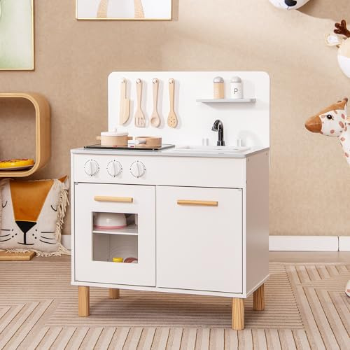 GOPLUS Cuisine en Bois Enfant, Cuisine de Jeu avec Lumineuse et Sons, Four, Evier, Robinet, Accessoires de Cuisine, Jouet d'Imitation pour Enfant de 3+ Ans (Blanc)