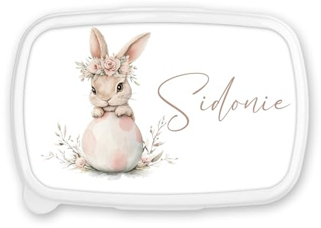 Boîte à Goûter Personnalisée - Design Lapin avec Prénom - Fond Bleu ou Rose - Cadeau Idéal de Pâques, Pratique et Mignon