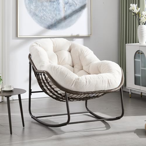 AOPNOMU Outside Rattan Rocking Chair with Wicker Cushion, Oversized Lounge Papasan Chair, Outdoor Camping Chairs Patio Furniture for Garden, Balcony, Front Porch & Living Room, White