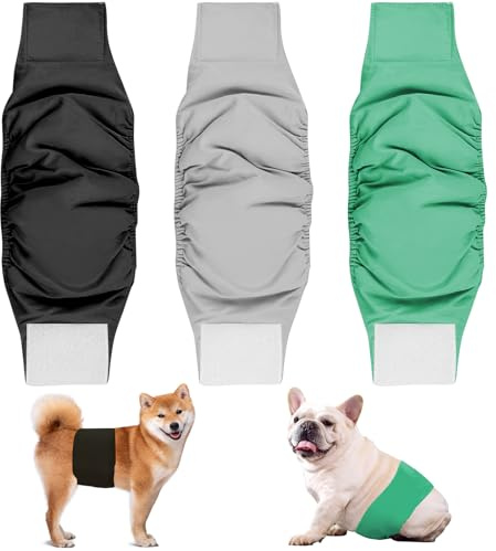 Dalephoric 3 Piezas Pañales Perro Macho Lavable, Reutilizables Pañales Perro, Talla L, Contorno de Cintura 50-62cm, Bandas de Vientre, Pañal Perros, Suave y Cómodo (Negro, Verde, Gris)