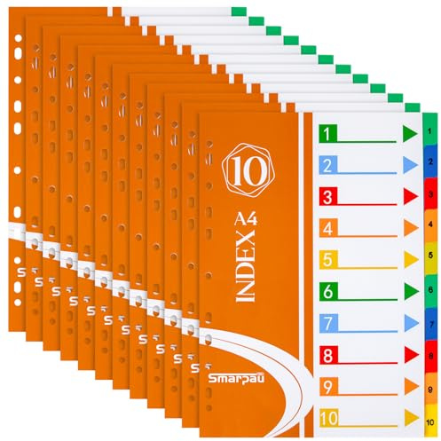 File Dividers A4 【12 Pack】 1-10 Part A4 Dividers for Lever Arch Files Ring Binders, Coloured Index Folder Dividers with Content List for School Office
