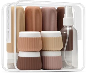 Lot de 9 Flacon Voyage,Contenant Voyage à Remplir 90ml et 30ml en Silicone,Format Voyage Kit de Toiletteet Étanche avec Trousse et Accessoires pour Avion (Red Soil)