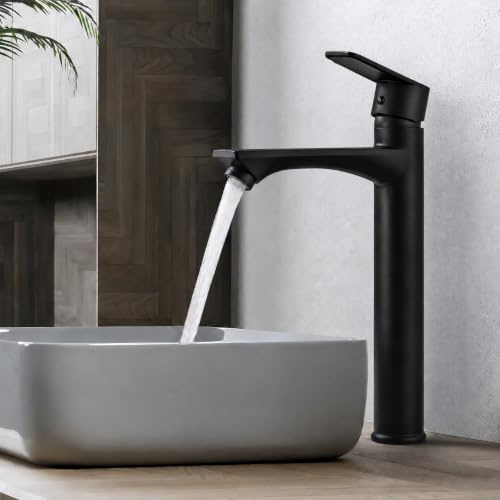 Homelody vattenkran bad hög svart – blyfri tvättställsarmatur med pip höjd 250 mm – blandare med ett handtag för tvättställ – kran för tvättställ badrum
