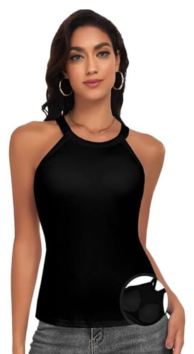 WOWENY Damen Unterhemden mit Integriertem BH, Gerippte Neckholder BH Tanktop, ärmellos Sommer Oberteile Cami Schwarz L