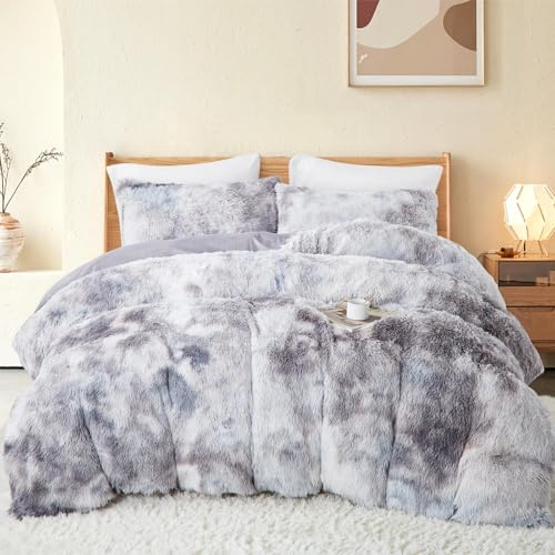 Freyamy Plüsch Bettwäsche 135x200cm Grau Langhaar Kunstfell Warme Winterbettwäsche Flanell Samt Biber Flauschig Deckenbezug Cashmere Touch Bettbezug mit Reißverschluss und 1 Kissenbezug 80x80cm