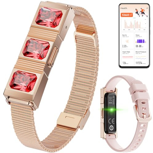 Pulsera Inteligente para Mujer: Seguimiento de la Salud y el Estado físico, podómetro y Seguimiento del sueño, Pulsera de rubí con recordatorio de Mensajes/Llamadas (Dorado)
