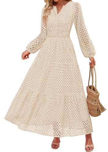 ZESICA Women's 2026 Spring Long Sleeve Maxi Dress V Neck Hollow Out Eyelet A Line Long Flowy Casual Party Dresses Apricot Medium