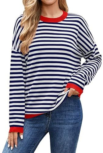 Actcat Pullover Damen Langarmshirt Gestreiftes Sweatshirt Damen Rundhals Baumwolle Oberteile Baumwolle Casual Stricken Pulli Blue White,L
