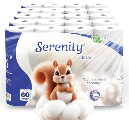 Serenity Soft Quilted Toilet Tissue 3‑Ply – Luxuriously Soft, Gentle & Strong Bulk Toilet Rolls, Hypoallergenic, Value Pack of 60 Rolls, Sustainable & Dermatologically Tested