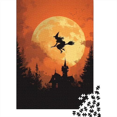 Witch Flying on A Broom in Front of A Full Moon Jigsaw Puzzles Challenge Toy Educational Games Home Decoration for Adults& Teenager Age 14 Years Up 38x26cm/1000pcs