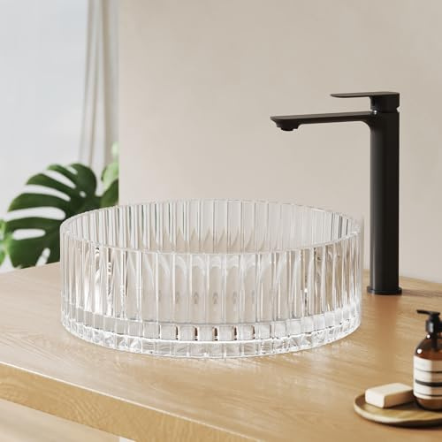 EMKE Lavabo da Appoggio in Vetro Rotondo 40,0 × 40,0 × 12,0 cm – Lavabo di Design in Vetro di Grande Capacità per Bagno e WC Ospiti, Senza Foro per Rubinetto, Trasparente
