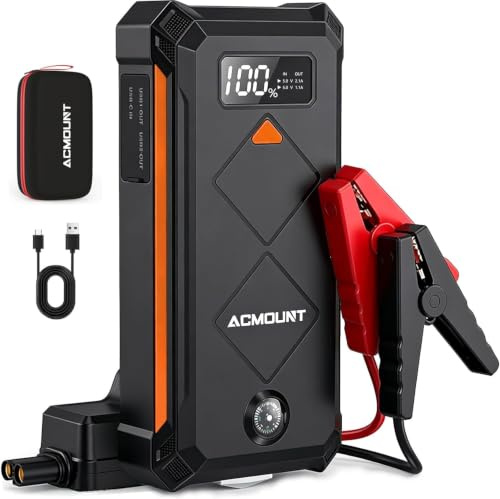 7000A Auto Starthilfe Powerbank, Acmount P110 Batterie Booster (12L Benzin/10L Diesel) Jump Starter mit LED, Kompass, Nothammer & Starthilfekabel für PKW, SUV, Motorrad, Rasenmäher