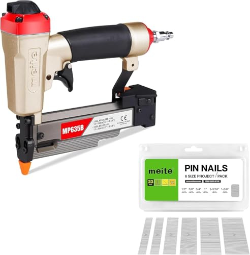 meite MP635B PneumaticAir Pin Nailer with 23 Gauge 6,000 Pieces Pin Nails (12m, 15mm, 19mm, 25mm, 30mm, 35mm), Compressed 23 Gauge Pin Nailer, Fits 12-35 mm Pin Nails, Ideal for Paneling, Small Trim