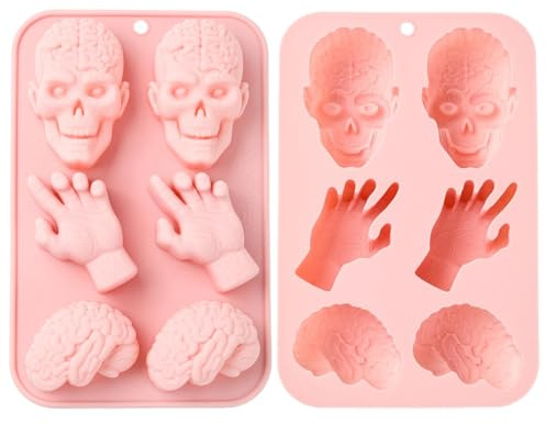 Ipotkitt 2 stampi in silicone rosa a tema Halloween per caramelle a forma di teschio mano cervello stampi gommosi per gelatina fondente cioccolato caramelle ghiaccio torta fai da te artigianato keto
