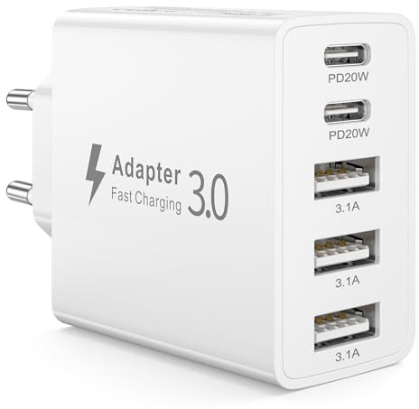 Caricabatterie USB C 50W, Presa USB Muro con 5 Porte (2 USB-C PD 20W e 3 USB-A), Caricatore Rapide Multiplo Adattatore USB C Alimentatore per iPhone 17 16 15 14 13, Samsung, Tablet, iPad