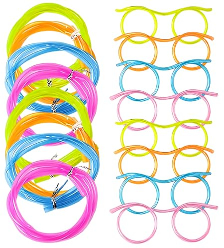 8-Pack Straw Glasses, Fun Drinking Straws with Curly Design, Ideal for Parties and Gatherings, Reusable Plastic Personalised Straws in 4 Colors