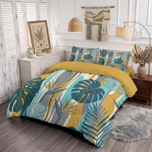 Vento subtropicale boemo Piumino Matrimoniale 264 x 240 cm 3 Pezzi, 4 Stagioni | Trapunta Reversibile, Traspirante e Morbida con 2 Federe, Piumone con Uccello Paradiso e Monstera Deliziosa, Azzurro