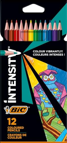 BIC Intensity Crayons de couleur triangulaires, crayons de couleur, 12 couleurs, dans un étui carton, mine incassable et sans bois
