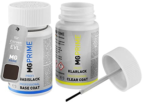 MG PRIME Stylo retouche pour Citroen EVL/VL Gris Platinium Metallic +1K | Platinium Grey Metallic, Peinture voiture, Kit peinture de base + vernis, flacons de peinture avec pinceau, 50ml chacun