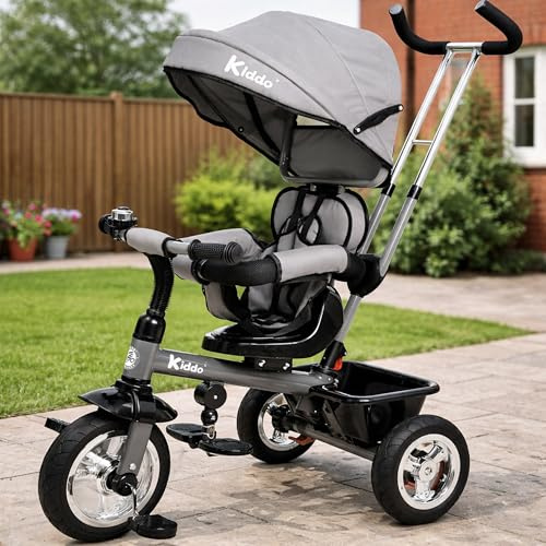 Kiddo Smart 4 in 1 Kids Children Trike Tricycle with Rotating Seat, Rear Brake and Sun Canopy (Grey)