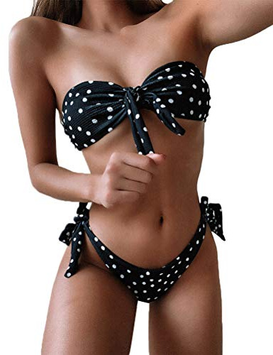 ORANDESIGNE Maillot De Bain Femme Polka Dot Ensembles Deux Pièces Bikini Push Up Maillot Plage sans Bretelles Bandeau Swimwear C Noir 40