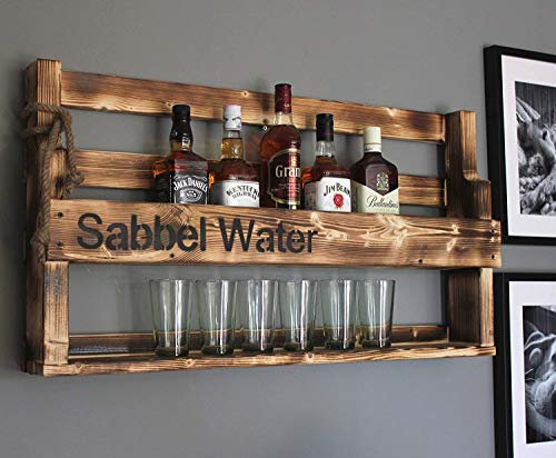 Dekorie Holz Whiskey Regal mit Gläserhalter Vintage Shabby mit Druck | fertig montiert für den Wohnbereich 14T x 90B x 50H cm (Braun (geflammt)) (Sabbel Water (geflammt))