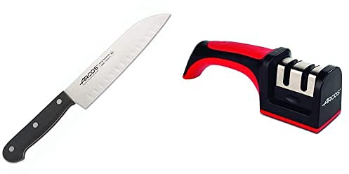 Arcos Cuchillo Universal Santoku 170Mm, Acero Inoxidable, Plateado, 33X7X2 Cm + Afiladores, Afilador De Cuchillos De Mano, Hecho De Abs + Tpe, Rodillos Cerámico Y Carburo, Color Rojo Y Negro