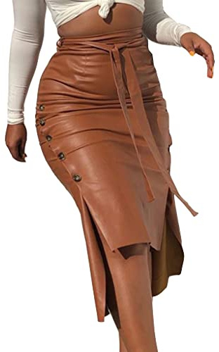 ORANDESIGNE Jupe en Cuir Automne Hiver Fente Fendue pour Femme Jupe mi-Longue Mince Jupe en PU Taille Haute Sexy Simili Cuir Jupes Ete Mode Slim Split PU Midi Jupes de Crayon A Marron L