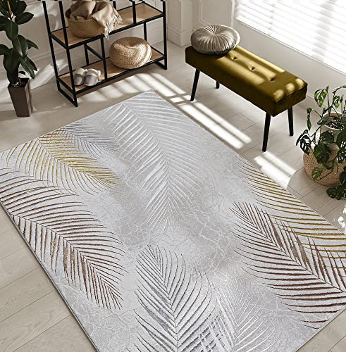 the carpet Mila moderner Teppich Wohnzimmer, elegant glänzender Kurzflor Wohnzimmerteppich in Grau mit Gold Silber Feder Muster, Teppich 160 x 230 cm