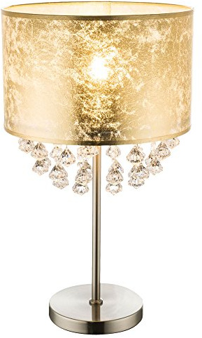 Tischleuchte Lampe Kristallleuchte Leselampe Leuchte Schlafzimmer, Kristalldekor klar Lampenschirm Blattgold Nickel matt, 1x E27 Fassung, DxH 32x56 cm