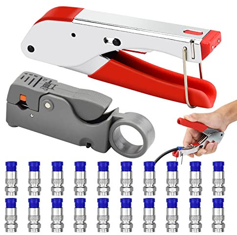 Jeu de pinces à sertir,ALFFREUDE Pince à dénuder de câbles,Pinces à sertir avec 20 fiches F câble coaxial Kit d'outils de compression Rg59 Rg6 Pince à sertir à double lame les fils Kit de sertissage
