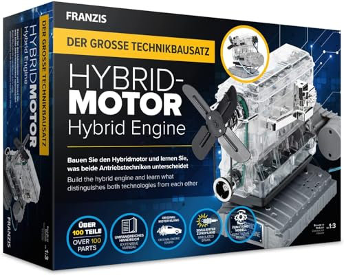 FRANZIS 67157 - Der große Technikbausatz Hybridmotor, originalgetreuer Motorbausatz im Maßstab 1:3, inkl. Soundmodul und 86-seitigem Begleitbuch, Transparent, Mehrfarbig