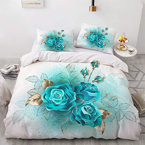 Luowei Bettwäsche Rosen 135x200cm Türkis Blumenmsuter Bettbezug Romantische Floral Microfaser Deckenbezug mit Reißverschluss und 1 Kissenbezug 80 x 80 cm
