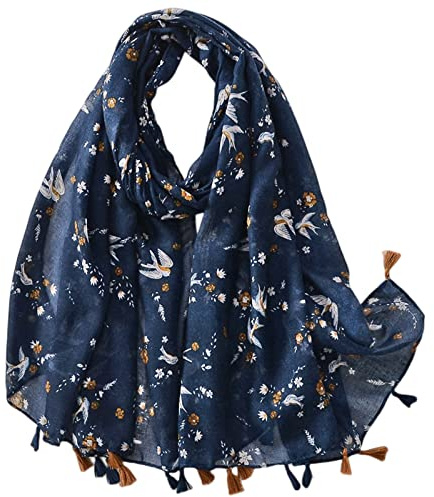 MAIRY Blue Scarf Ladies Scarves Fashion Birds Print Tassel Shawls Wraps Long 180x90cm Scarfs Floral Neck Shawls And Wraps Scarf for Women Wedding Birthday Gifts 180137