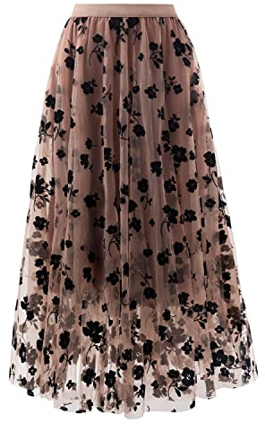 Reaowazo Skirts for Women Midi Long Length Dressy Casual Trendy Summer Tulle A-Line Floral High Waist Skirt Khaki 2XL-3XL