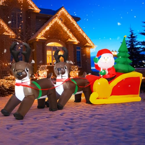 COMIN Aufblasbare Weihnachtsdekorationen für den Außenbereich, Weihnachtsmann auf Rentier-Schlitten mit Weihnachtsbaum, aufblasbare Gegenstände mit integrierten LEDs für Weihnachten, Innenhof, Rasen