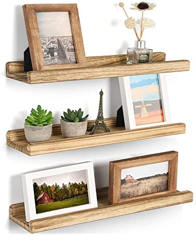 Emfogoo Wandregal 3er Set, Schweberegal Holz Maximale Belastung 10 kg, 43x11cm Wandregale mit Kante für Küche Badezimmer Wohnzimmer Schlafzimmer Büro(Rustikales Braun)