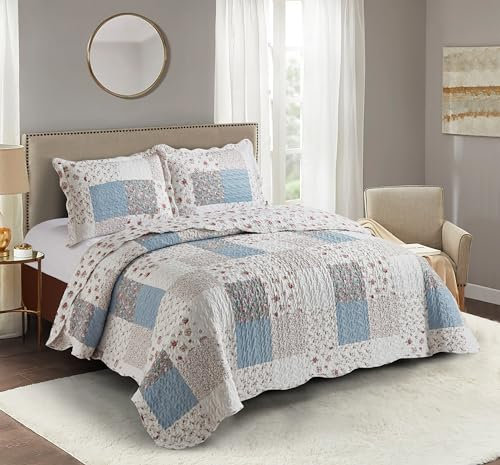Brilliant Sunshine Rosa Rose mit kleinem blauen Karomuster Patchwork, 3-teiliges Steppdecken-Set mit 2 Kissenbezügen, wendbare Tagesdecke, weiche, leichte Decke, Ganzjahresdecke, Full/Queen, Rosa Blau