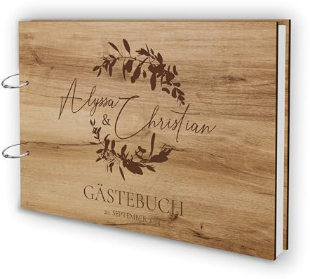 Manschin-Laserdesign Holz Gästebuch Love Hochzeit Echtholz mit individueller Lasergravur | 50 Blätter (100 Seiten) | DIN A4 |