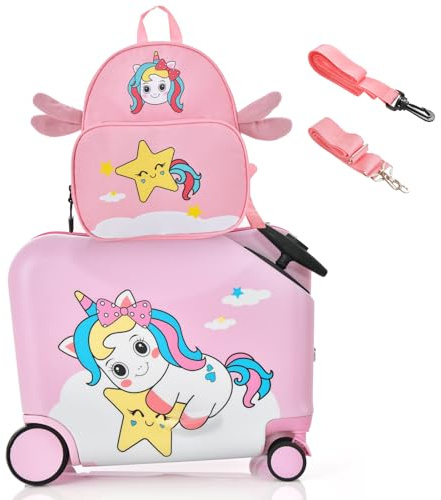 GOPLUS Kinderkoffer mit Rucksack, Kids Trolley, Kindergepäck mit Rollen, Reisekoffer mit Teleskopgriff, Hartschalenkoffer für Kinder, Kindertrolley Farbwahl (Rosa-Einhorn, 12+18)